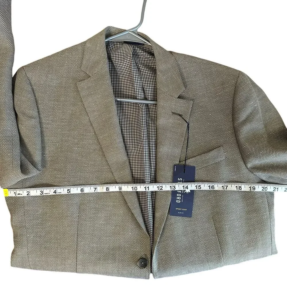 Stafford Men’s Taupe Herringbone Slim Fit Linen Wool Sports Coat Blazer Size 40L